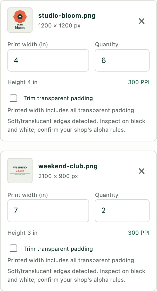 Actual PrintCraft artwork cards showing printed width, quantity, proportional height and effective PPI